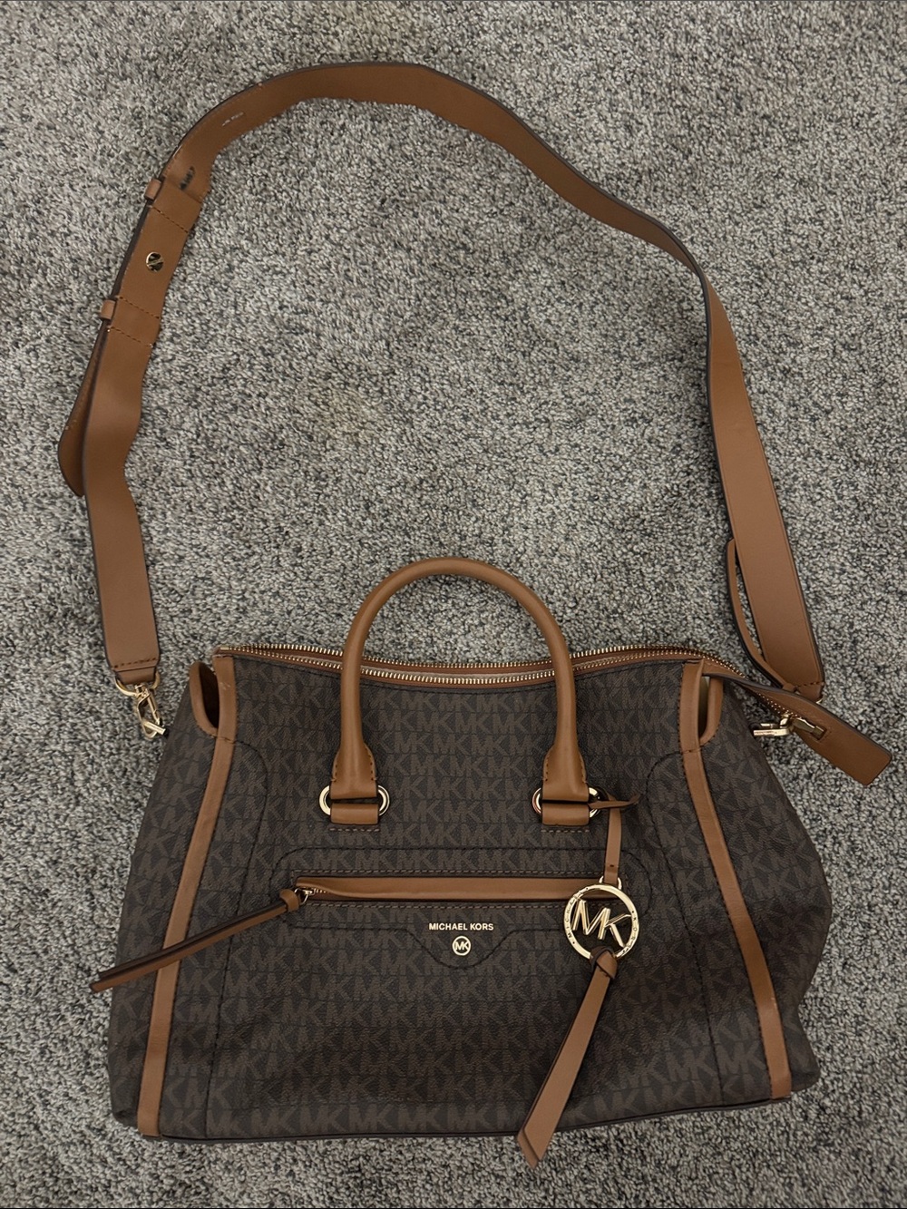 Michael Kors Brown MK Monogram Satchel with Tan Trim